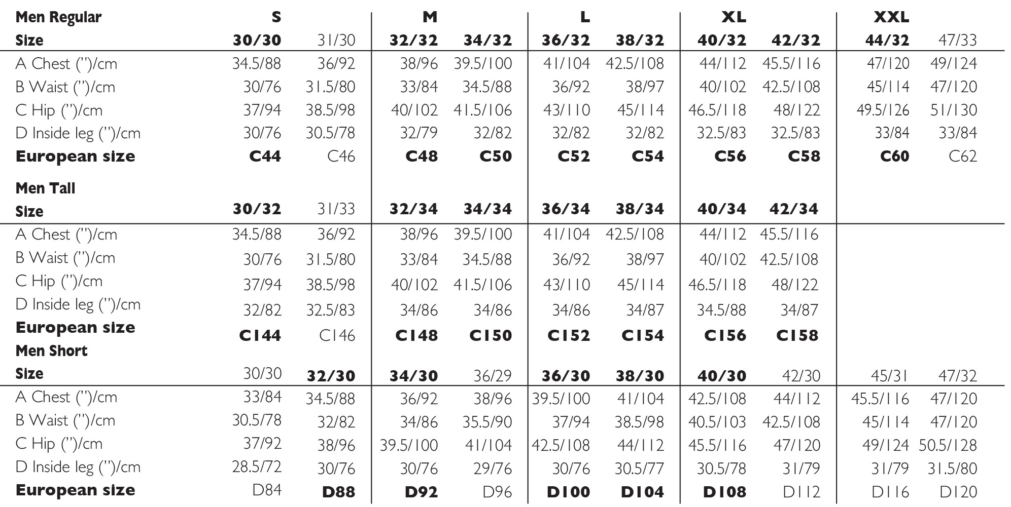 C50 Size Chart